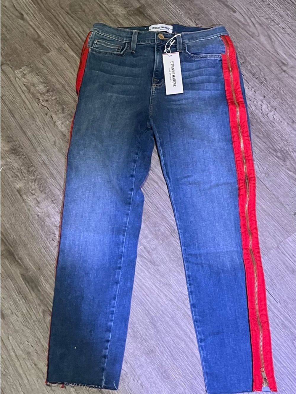 Etienne Aigner Blue Skinny Jeans with Red Side Zipper